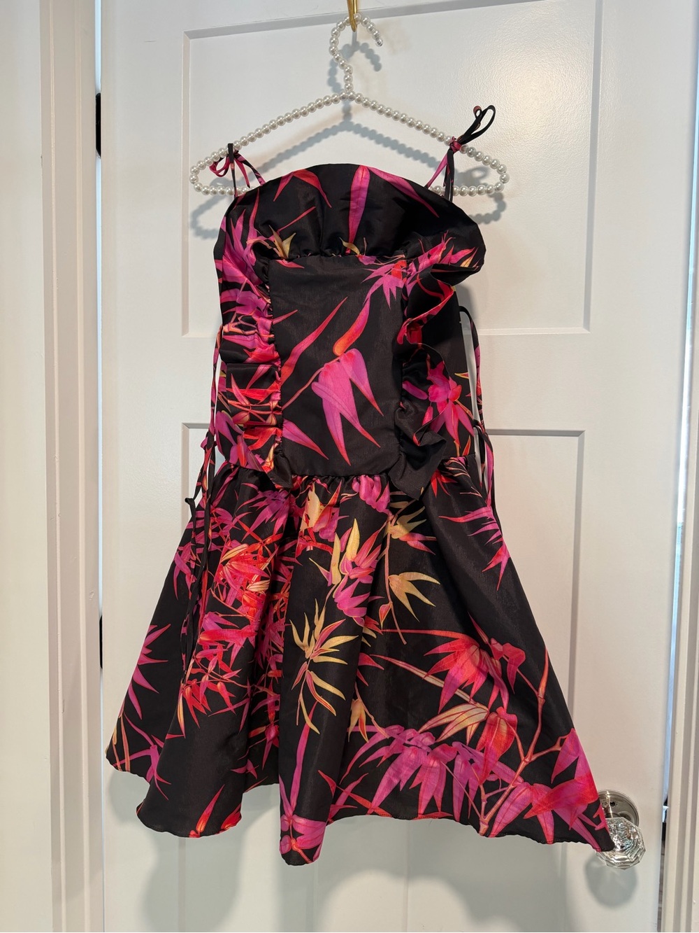 Kika Vargas Black Dress with Fuchsia and Coral Tropical Print